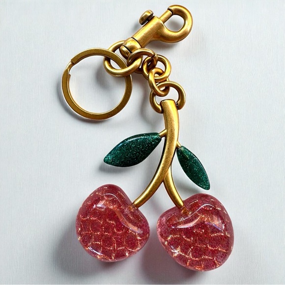 Cherry Keychain & Bag Charm | Pink Glitter Resin Fruit | Gold Tone ✨🍒 - Picture 1 of 5